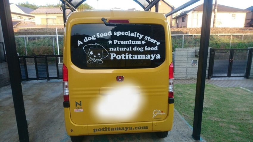 カッティングシートが黄色い車全体に貼られた写真を後ろから