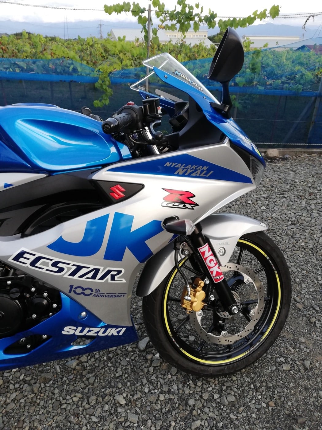 バイクのカラーリングに合った、カッティングステッカーで統一感あり