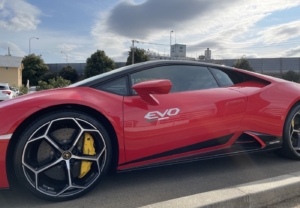 全60色の中から選んだ「ライトグレー」のカッティングシートが赤い車を飾ります