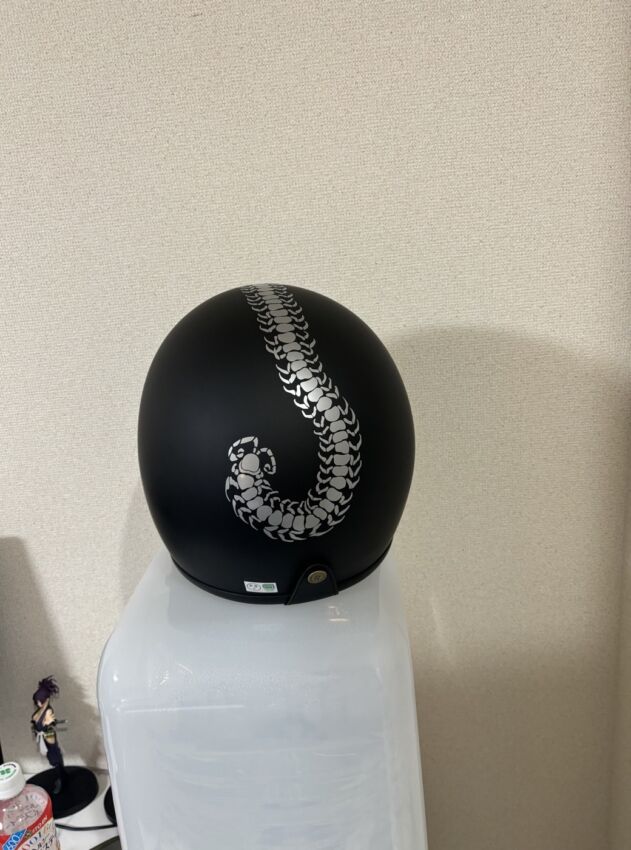 ヘルメットに貼られたムカデのデザインのカッティングシート 後ろ