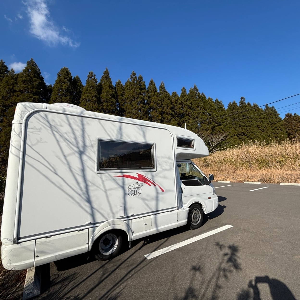 キャンピングカーに貼られた、猫とキャンピングカーのデザインのステッカー