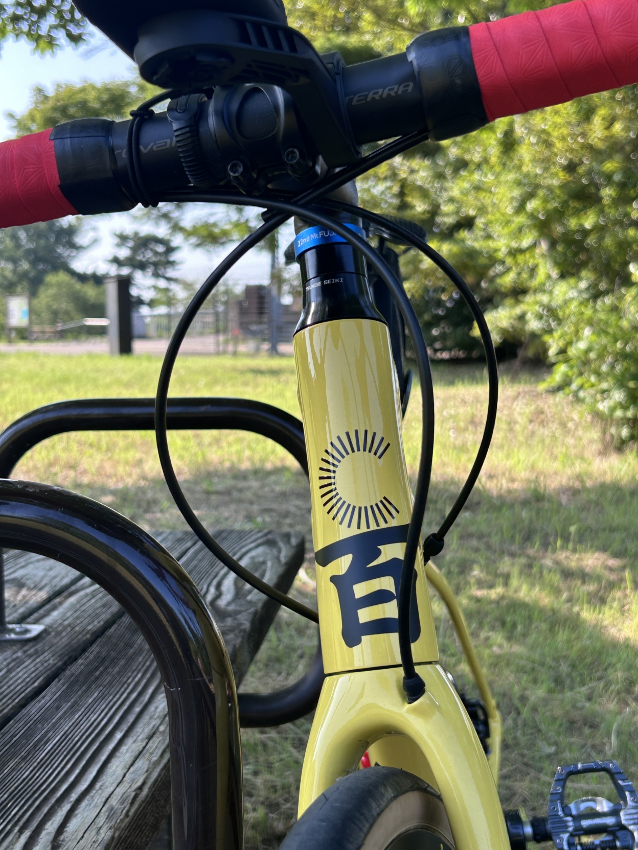 自転車に貼られたカッティングシートを正面から見た画像